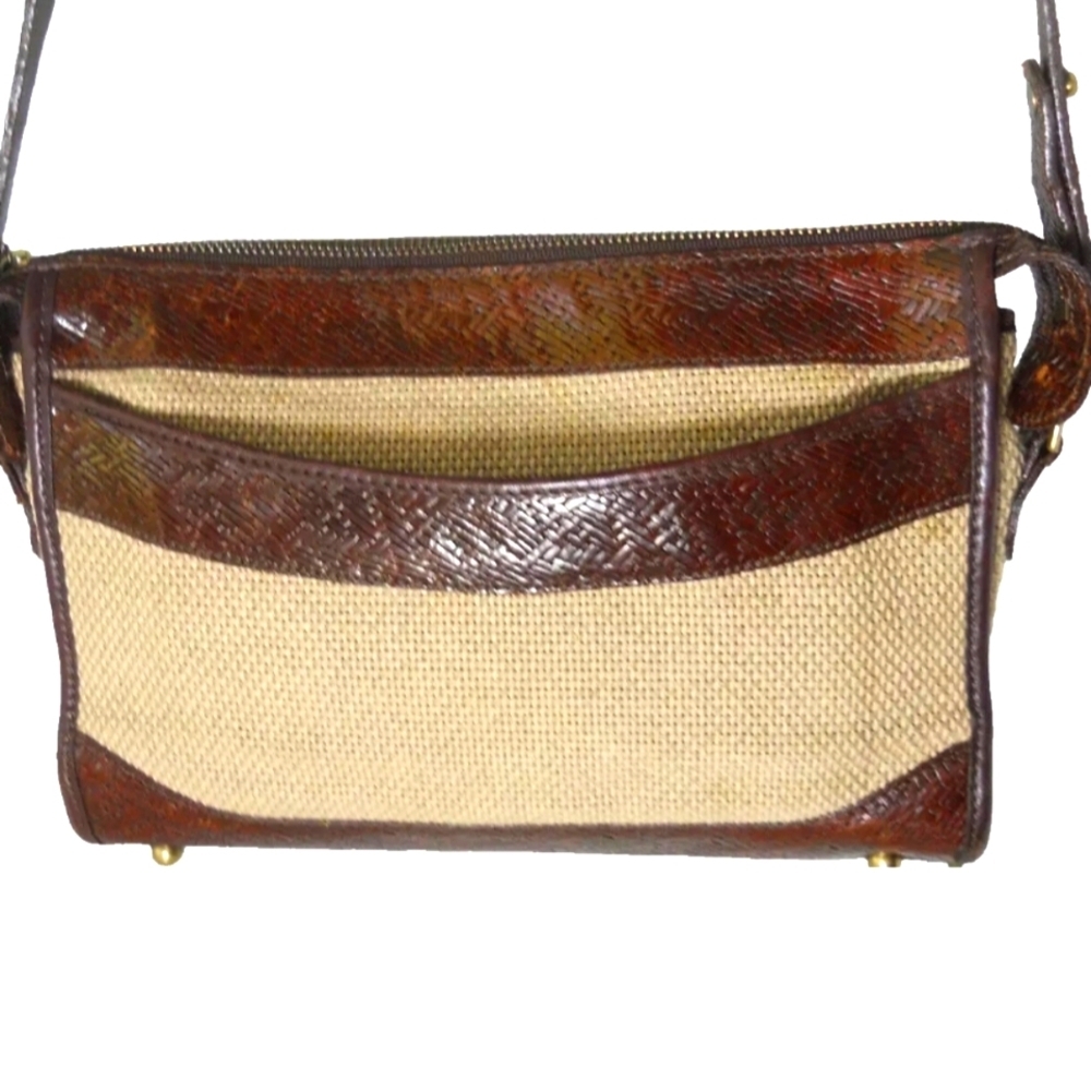 Brahmin Dark Brown Pattern Leather & Beige Woven Fabric Shoulder/ Crossbody Bag
